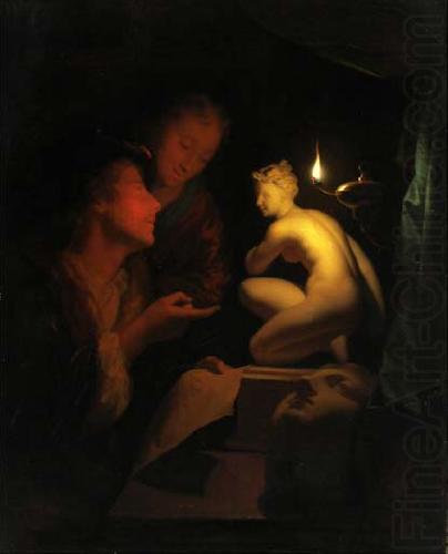 Godfried Schalcken Godfried Schalcken, Two men examining a painting by candlelight china oil painting image